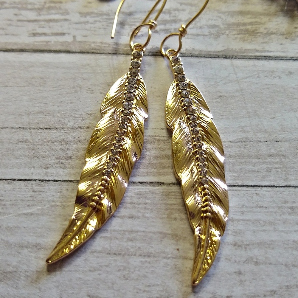 Gold Leaf Earrings with Zircon Bling - Picture 4 of 8